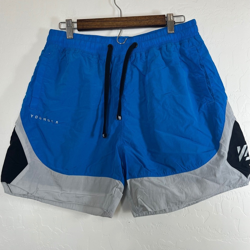 YoungLA 109 Block Shorts Mens Large Blue Grey Black Athletic Gym Mesh Lined L
